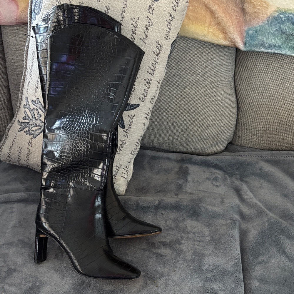 Express Black Croc-Embossed Over-the-Knee Heeled Boots